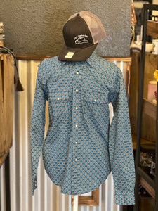 Boys Blue Patterned Pearl Snap Shirt